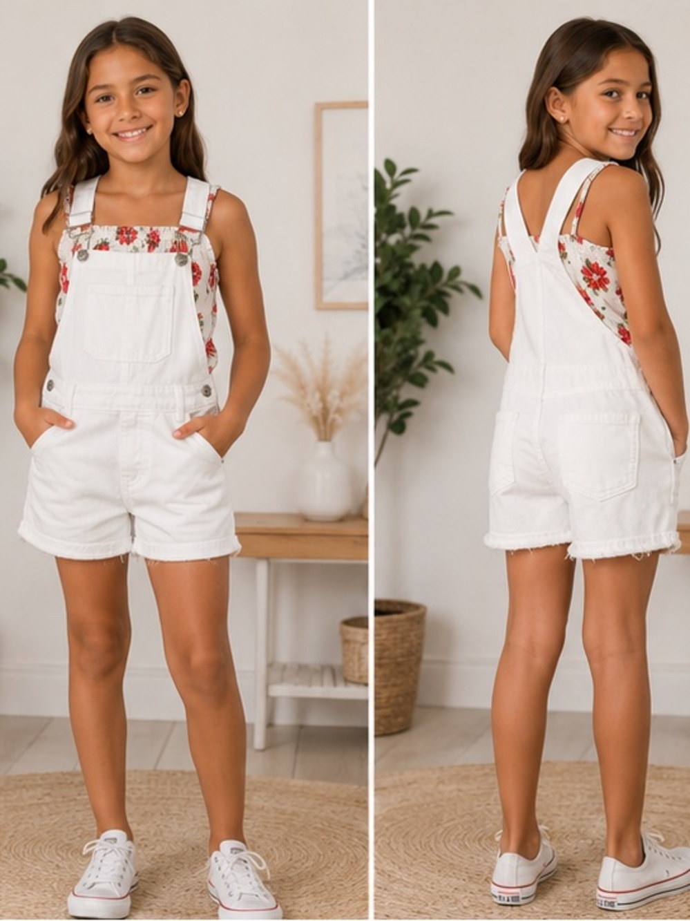 ZARA Girls White Denim Overall Shorts Size 10-12 (152) Adjustable Straps Raw Hem - Picture 9 of 9